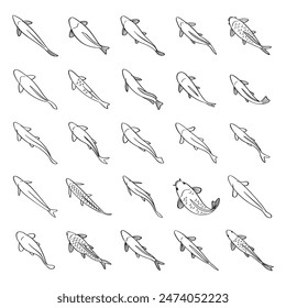 hand drawn vector set of top view fish illustration.