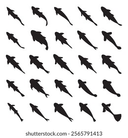 hand drawn vector set top view of fish illustration isolated on white background.