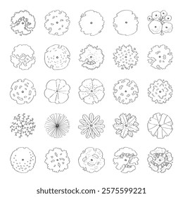 hand drawn vector set top view of tree illustration for landscape and architectural design isolated on white background.