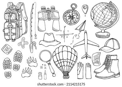 Conjunto de vector dibujado a mano de símbolos de viaje. Ilustraciones vectoriales dibujadas a mano aisladas en un fondo blanco.