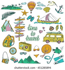 Hand drawn vector set of travelling symbols in doodle style. Time to travel. Summer elements big collection.