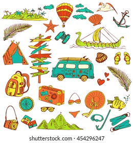 Hand drawn vector set of travelling symbols in doodle style. Time to travel. Summer  vintage elements big collection.