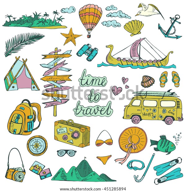 Hand drawn vector\
set of travelling symbols in doodle style. Time to travel. Summer\
elements big collection.