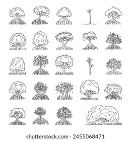 Vector dibujado a mano conjunto de árbol en el bosque de manglar aislado sobre fondo blanco.