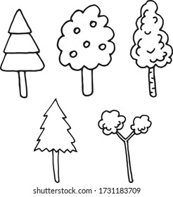 Hand drawn vector set of trees icons. Black outlines isolated on white background. Doodle style illustration. Elements for design.