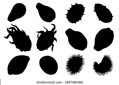 Hand drawn vector set of tropical fruits black silhouettes. Stock illustration of vegetables and fruits.