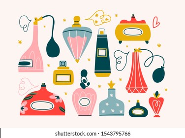 Hand drawn vector set of various perfume products. Different glass bottles and flasks, toilet water and spray. Colored trendy illustration. Flat design. All elements are isolated