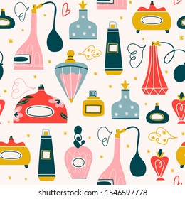 Hand drawn vector set of various perfume products. Different glass bottles and flasks, toilet water and spray. Colored trendy seamless pattern. Flat design. Cartoon style