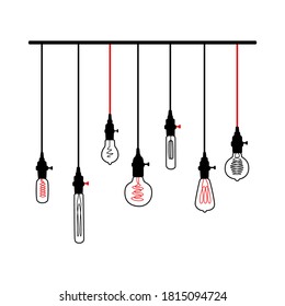 Hand drawn vector set of various geometric loft lamps black and red color. light bulbs and modern sketch. Line style vector