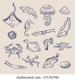 Hand drawn vector set of various ocean inhabitants. Fishes, crab, stingray, shellfish, squid, echinus, jellyfish, sea horse, hydra,starfish graphic symbols. Underwater life marine creatures collection