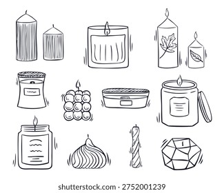 Hand drawn vector set of various aromatic candles in doodle style. Features jars, bubble, twisted, and pillar candles. Minimalist black and white line art for home decor and spa design.