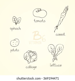 Hand drawn vector set of vegetables containing vitamin B6