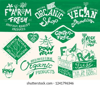 Hand Drawn Vector Set of Vintage Style Organic  Icons, Elements and Badges
