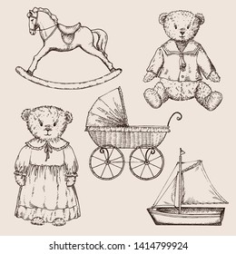 Hand drawn vector set  in vintage style. Vintage toys: bear, doll, pram, horse and boat. Perfect for kids decor.