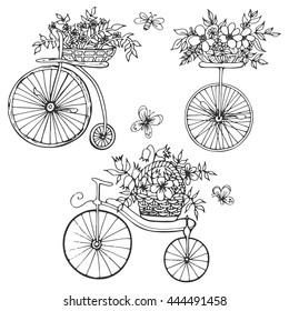 Hand drawn vector set with vintage bicycle and flowers. Beautiful elements for wedding, valentine's day and invitation.