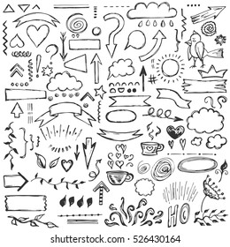 Hand drawn vector set of vintage elements, circles, arrows, lines. Doodle collection of icons for card design.