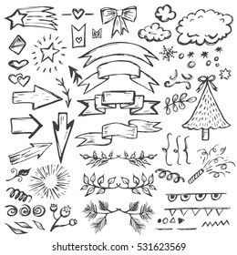 Hand drawn vector set of vintage elements, clouds, arrows, lines. Doodle collection of icons for card design.