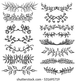 Hand drawn vector set of vintage floral elements, borders. Doodle collection of icons for card design. Flower decor.