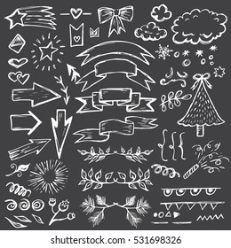 Hand drawn vector set of vintage elements, clouds, arrows, lines. Doodle collection of icons for card design.