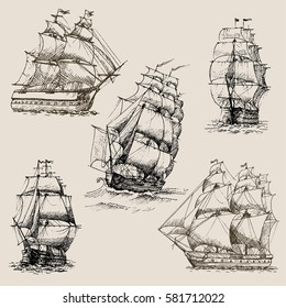 Hand drawn vector set of vintage sailing ships in the sea.