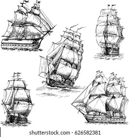 Hand drawn vector set vintage sailing ships in the sea