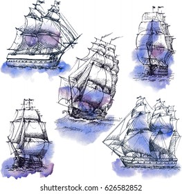 Hand drawn vector set of vintage sailing ships in the sea. Watercolor sketch.