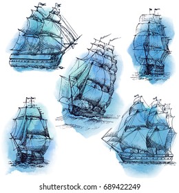 Hand drawn vector set of vintage sailing ships in the sea. Watercolor sketch.