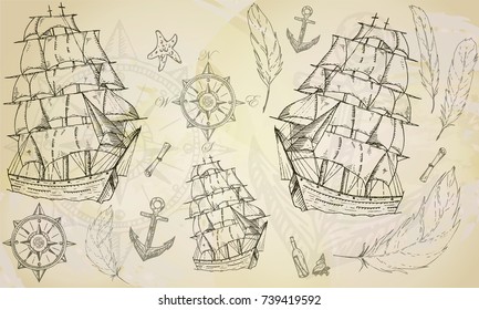 Hand drawn vector set of vintage sailing ships in the sea