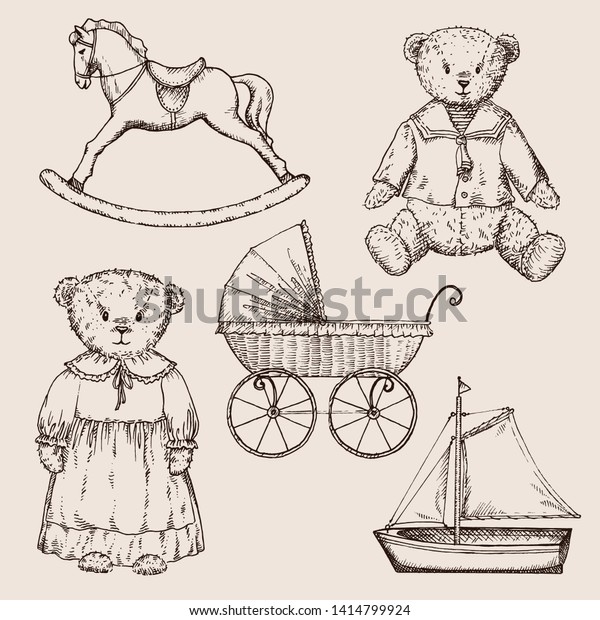 Hand drawn vector\
set  in vintage style. Vintage toys: bear, doll, pram, horse and\
boat. Perfect for kids\
decor.