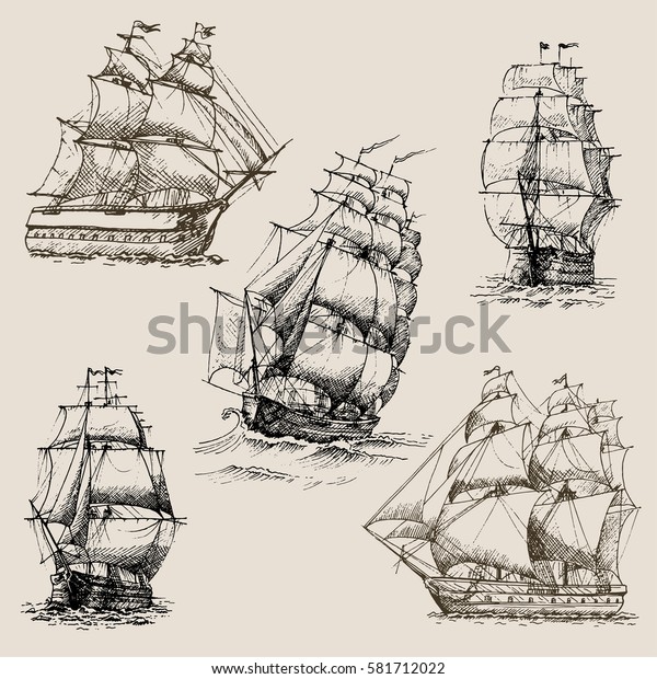 Hand Drawn Vector Set Vintage Sailing Stock Vector (Royalty Free) 581712022