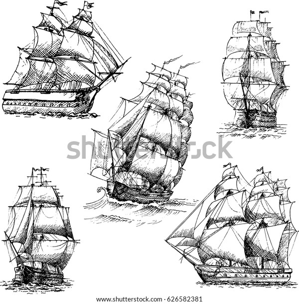 Hand Drawn Vector Set Vintage Sailing Stock Vector Royalty Free 626582381