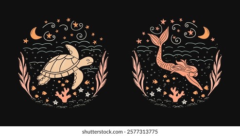 Hand drawn vector set of wanderlust badges, showing scenes of underwater adventures - diving with mystical characters. Warm colors, isolated on black designs focused on upcoming travelling drive.