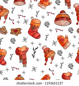 Hand drawn vector set of warm clothes: scarf, cap, mittens, winter boots. Very cute signs in doodle style. Childish