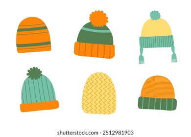 Conjunto de vetor desenhado à mão com chapéus de malha quente, gorro. Bonito chapéus, boné, acessórios em fundo isolado. Ilustração em cores planas As imagens criadas sem o uso de software de inteligência artificial