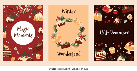 Hand drawn vector set of warm Christmas greeting cards with traditional cakes, sweets and winter decoration. 