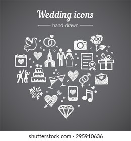 Hand Drawn Vector Set Of Wedding Icons: Marriage, Rings, Couple, Bride, Groom, Love