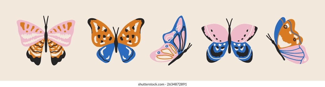 Hand drawn vector set of whimsical butterflies isolated on white. Cute charming different butterflies collection for summer design, prints and posters. Abstract insect illustration. Flat vector art