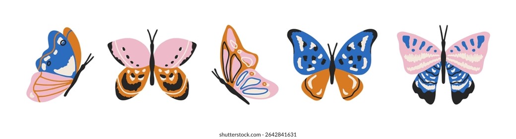 Hand drawn vector set of whimsical butterflies isolated on white. Cute charming different butterflies collection for summer design, prints and posters. Abstract insect illustration. Flat vector art