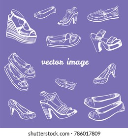 Hand drawn vector set of white ink shoes, sandals and high heels on purple background