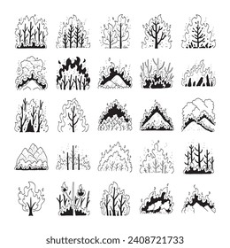 hand drawn vector set of wildfire illustration.