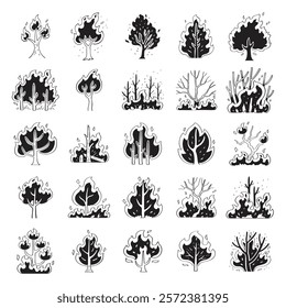 hand drawn vector set of wildfire illustration isolated on white background.