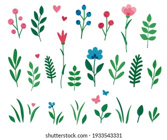 Hand drawn vector set wildflowers  berries  leaves and butterflies   hearts  Elements isolated white background  Spring   summer field   forest berries  flowers  herbs in flat style 