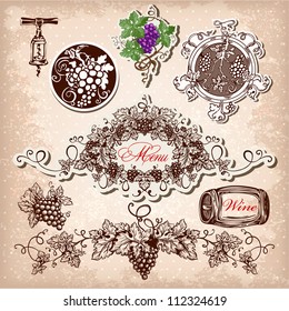 Juego de vectores de mano de vino, uva y vinificación.