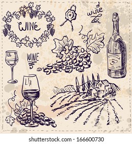 Hand drawn vector set - wine and winemaking