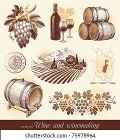 Hand drawn vector set - wine and winemaking