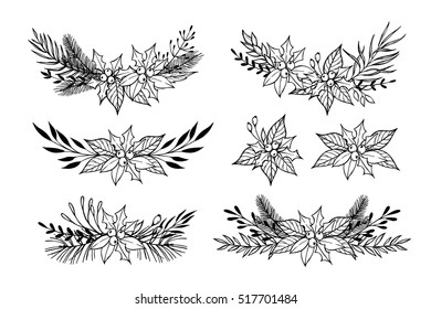 Hand drawn vector set of winter wreaths ( laurel, leaf, holly, fir and pine branches, berry, flower, plant, twigs). Christmas design elements. Perfect for invitations, greeting cards, posters, prints