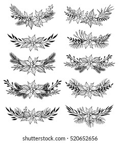 Hand drawn vector set of winter wreaths ( laurel, leaf, holly, fir and pine branches, berry, flower, twigs). Christmas design elements. Perfect for invitations, greeting cards, posters, prints