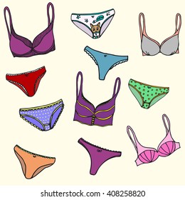 Hand drawn vector set of woman sexual lingerie. Sexy bras and panties. Woman underclothes.