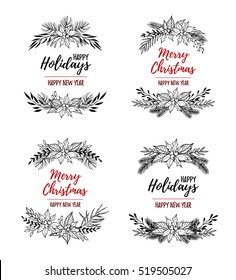 Hand drawn vector set of Xmas wreaths .Christmas design elements ( laurel, leaf, holly, fir and pine branches, berry). Perfect for invitations, greeting cards, posters, prints