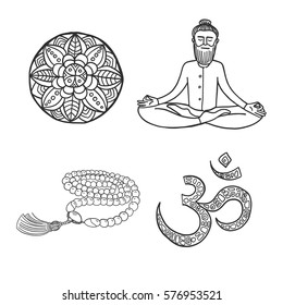 
Hand drawn vector set of yoga elements. Beardy man meditating in lotus pose, beads, mandala image and om symbol. Ornamental cartoon style which is ideal for print,  web design, book illustration.